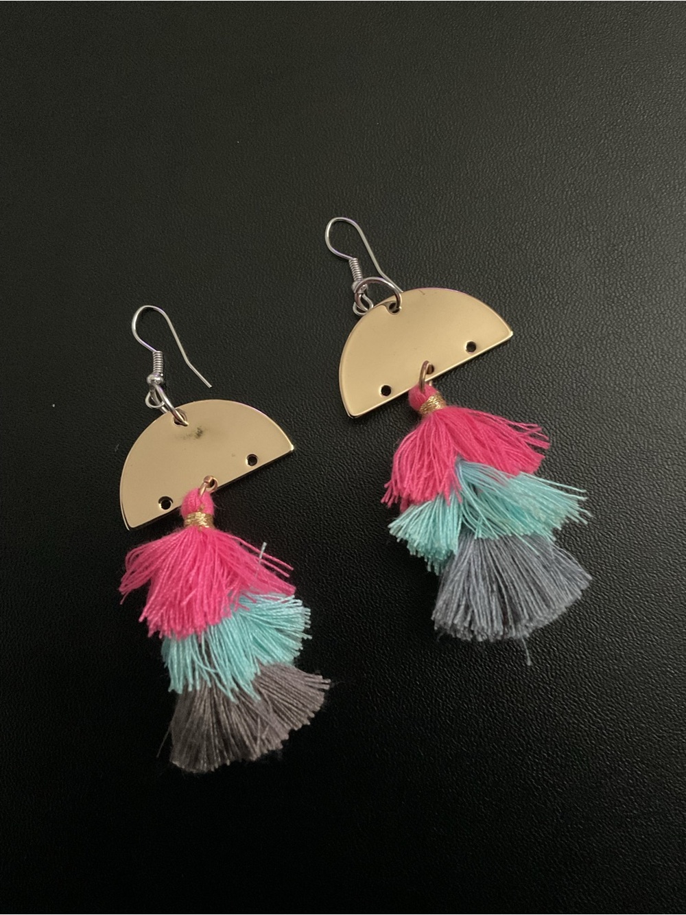 Gold Half-Moon Tassel Drop Earrings - Pink, Aqua & Gray
